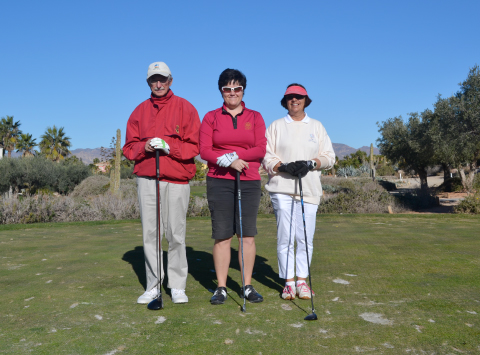 Winners of the 2015 ?Golf 4 All Pro-Am?, (Centre) LET Professional Becky Brewerton accompanied by Desert Springs Members, Adrienne Ruiz and Andrew Markham
