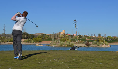 A Darren Clarke Golf School student plays their tee shot into Hole 14 Â‘TiburonÂ’ on the Indiana course at Desert Springs