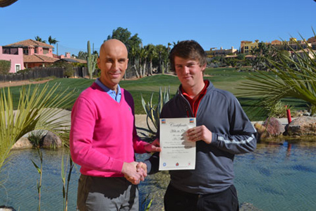 Seventeen-year-old Hartpury College Golf Academy Student Alex Chalk (Right) receiving his certificate for his Hole-In-One On Hole number 2 'Gulch' on The Indiana Course